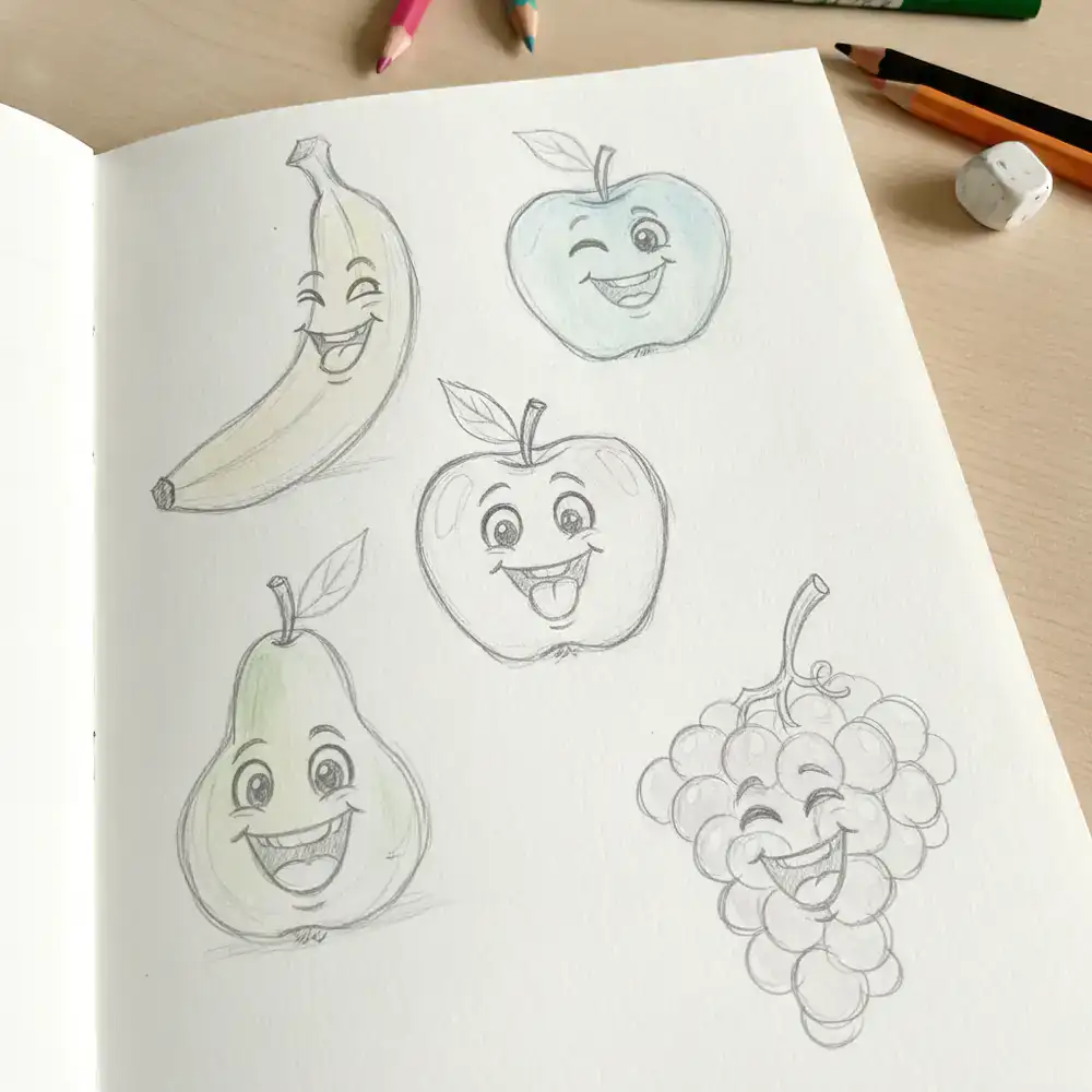 Bocetos a lápiz iniciales de diferentes frutas con expresiones lúdicas
