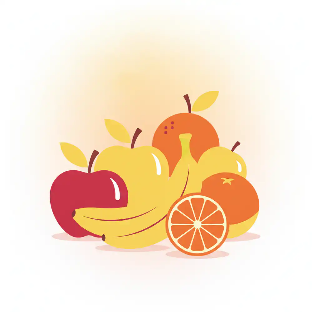 Frutas vectorizadas con colores planos vibrantes rojo, amarillo y naranja