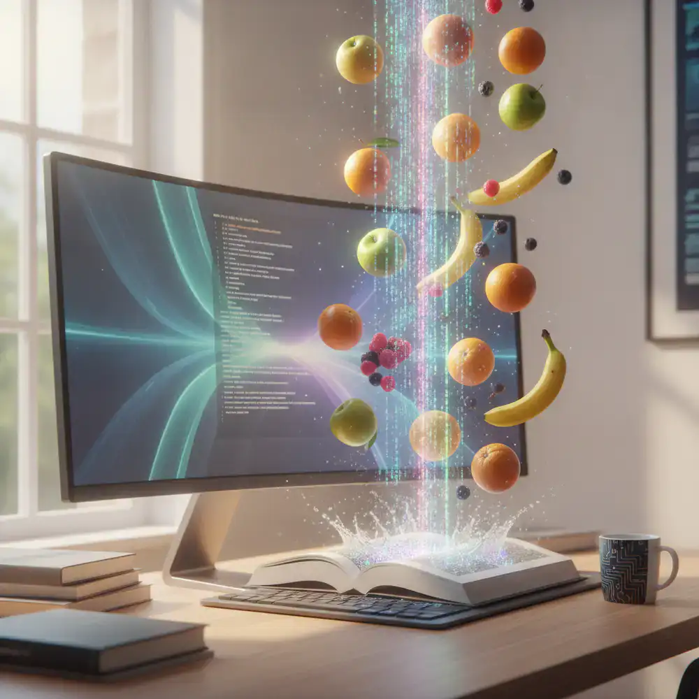 Composición conceptual mostrando líneas de código y frutas cayendo en un entorno de desarrollo