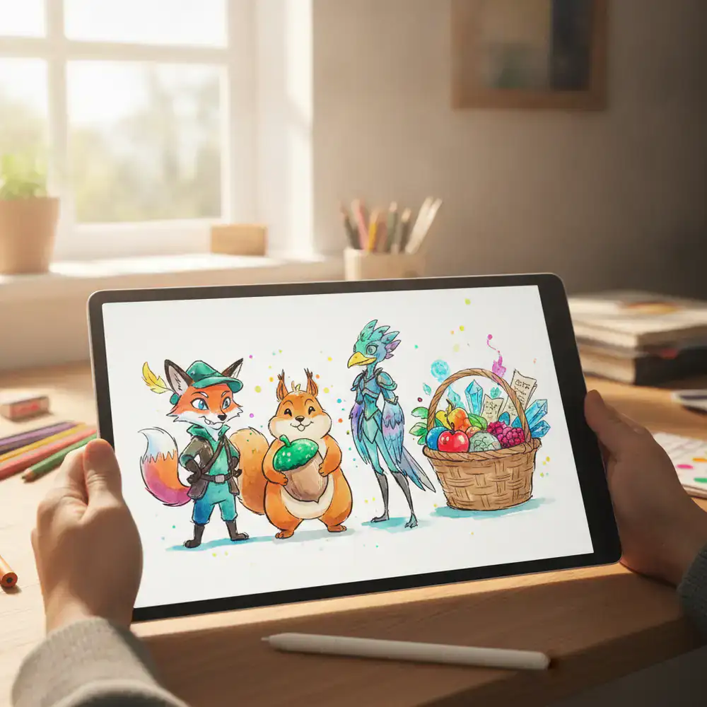 Bocetos iniciales de los personajes y la cesta del juego en una tableta digital