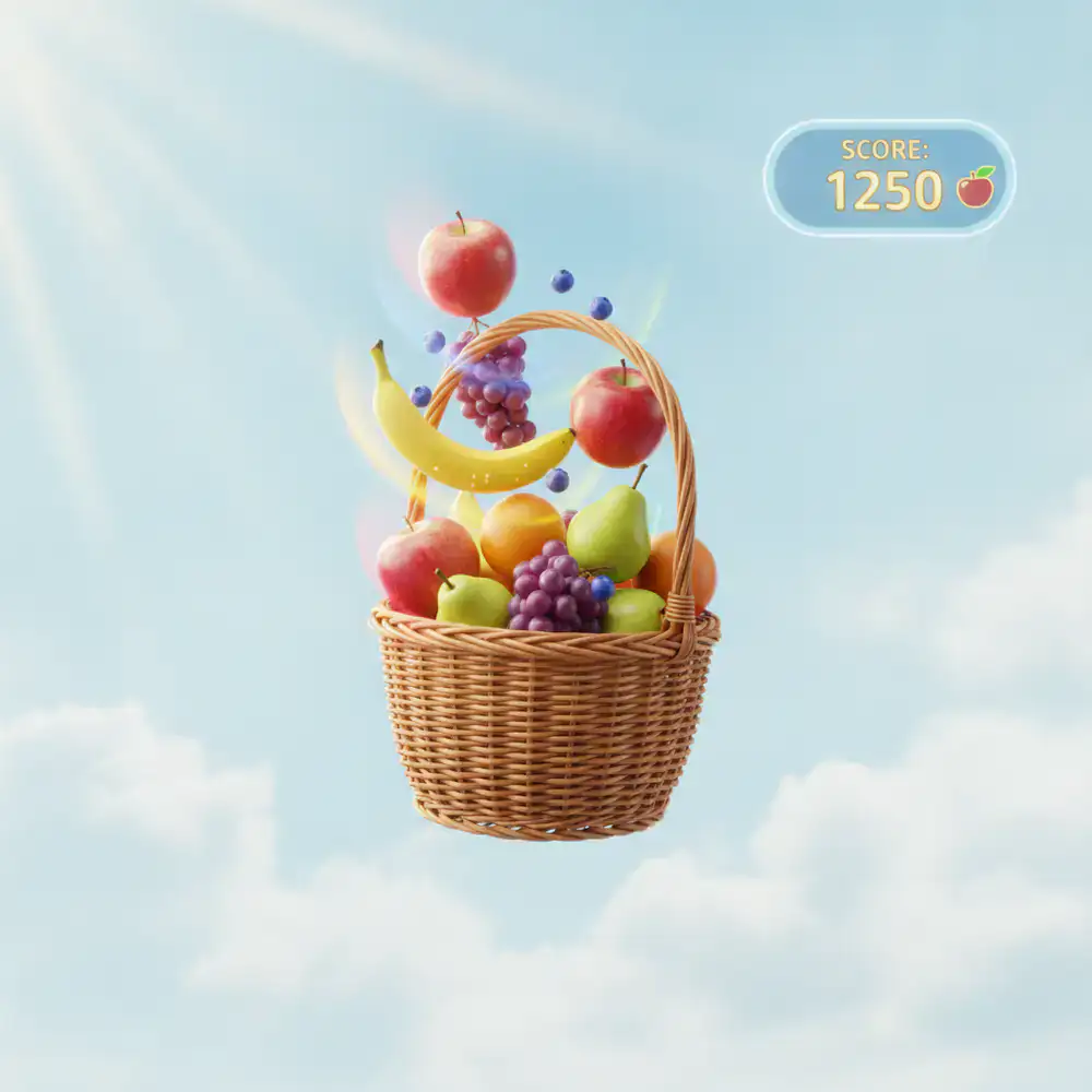 Ilustración principal del juego mostrando una cesta atrapando frutas coloridas con un marcador de puntos en un cielo claro