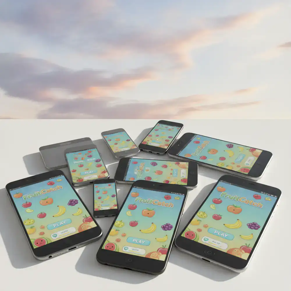 Múltiples dispositivos móviles mostrando la pantalla de inicio del juego FruitCatch bajo un cielo claro
