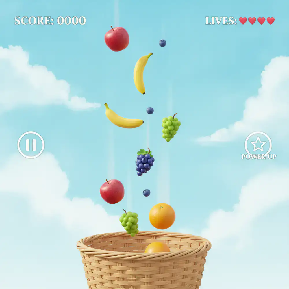 Interfaz del juego mostrando una cesta atrapando frutas coloridas bajo un cielo azul