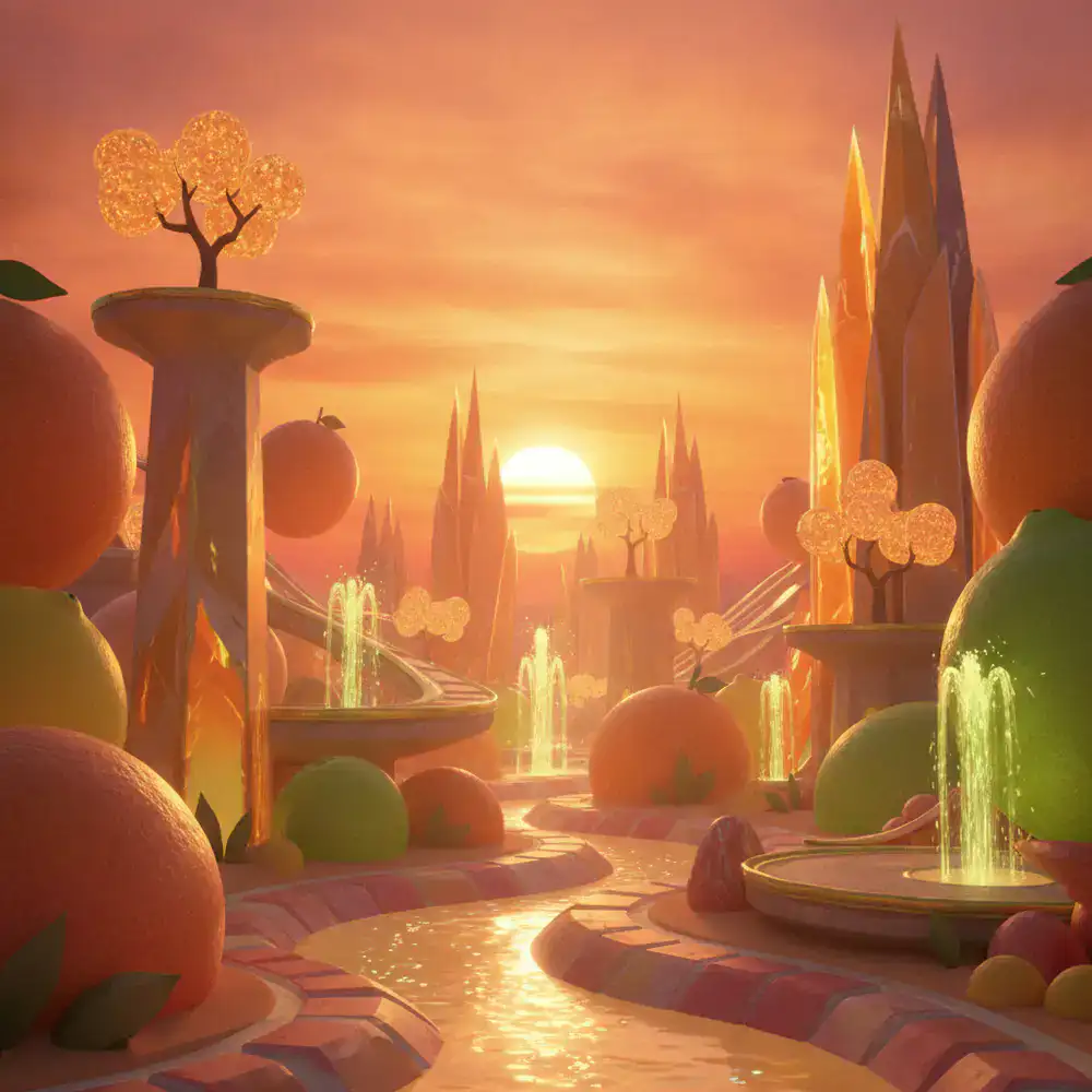 Fondo del nivel Frenesí Cítrico con atardecer naranja