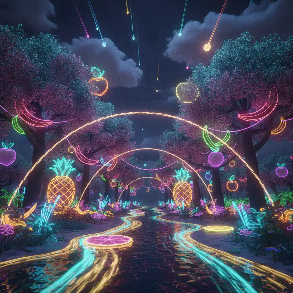 Fondo del nivel Tormenta Frutal en la noche con luces de neón