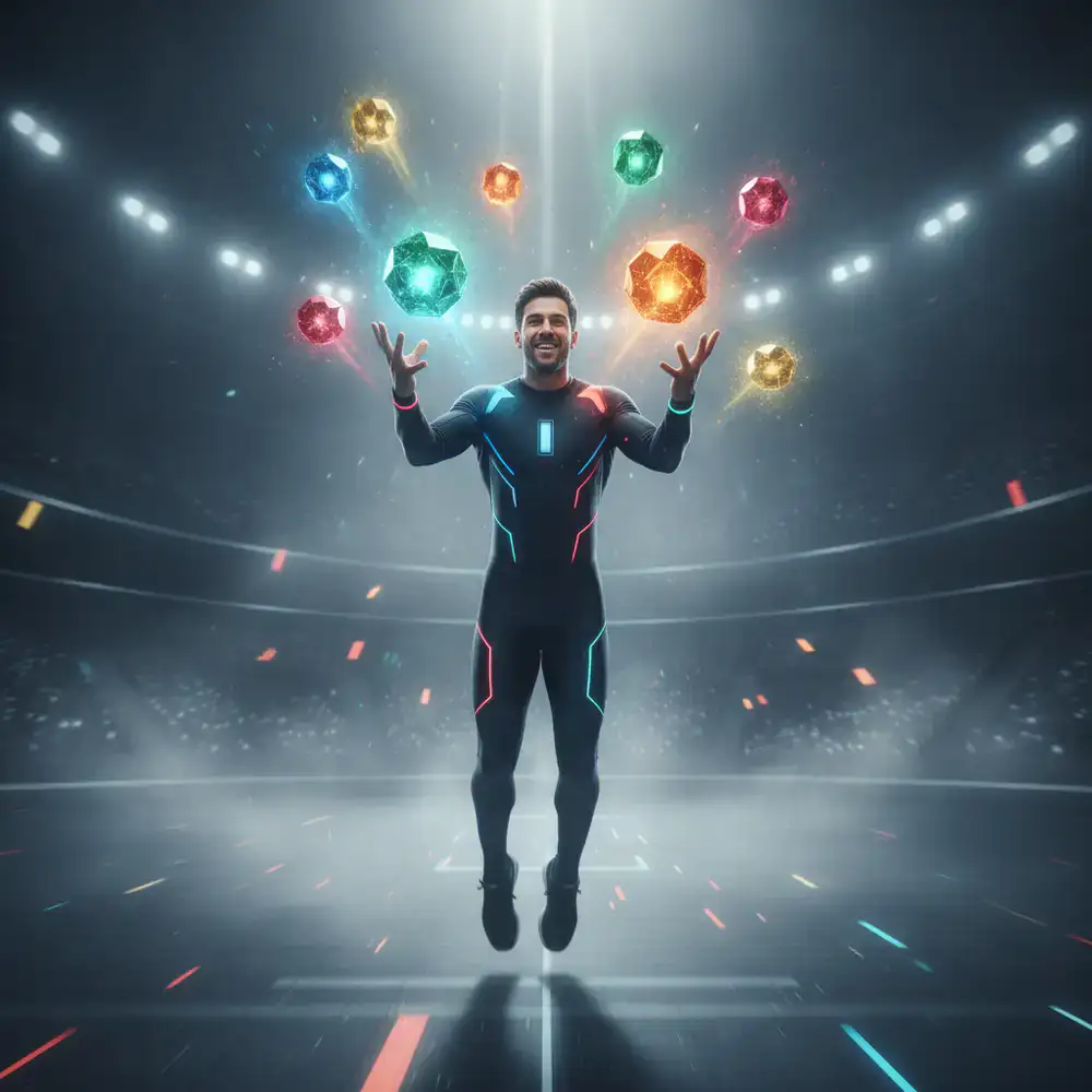 Jugador atrapando varios potenciadores simultáneamente