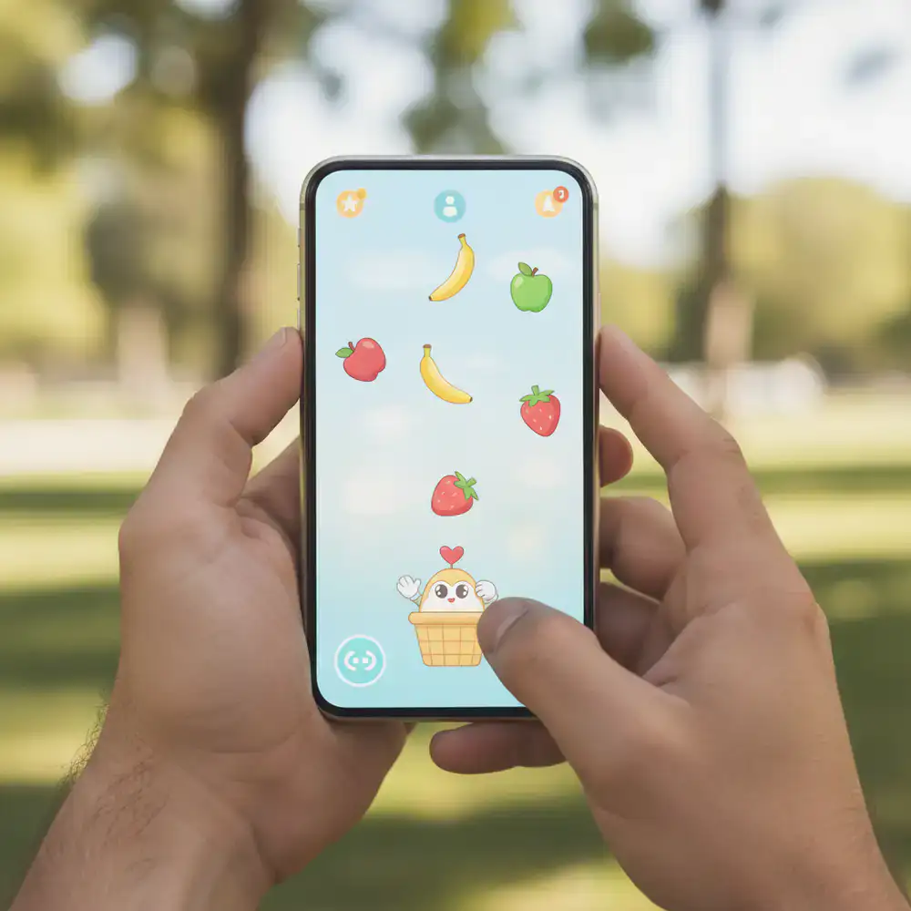 Manos sosteniendo un smartphone mientras juegan a atrapar frutas