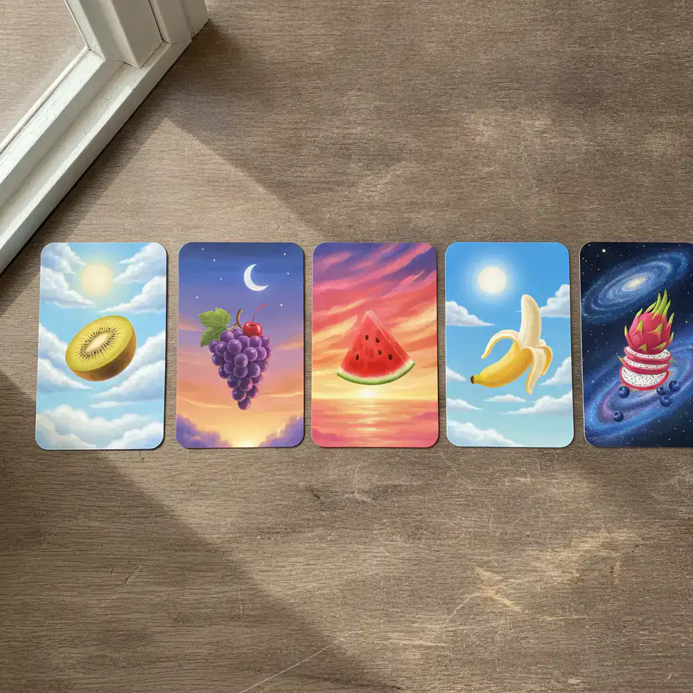 Tarjetas de niveles ilustradas mostrando diferentes fondos de cielo y tipos de frutas