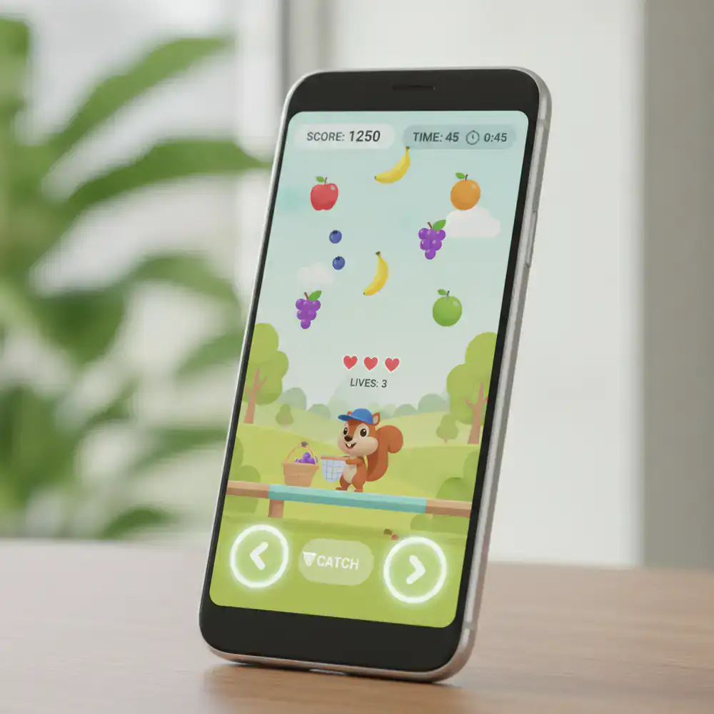 Dispositivo móvil mostrando la interfaz de pruebas del juego de atrapar frutas