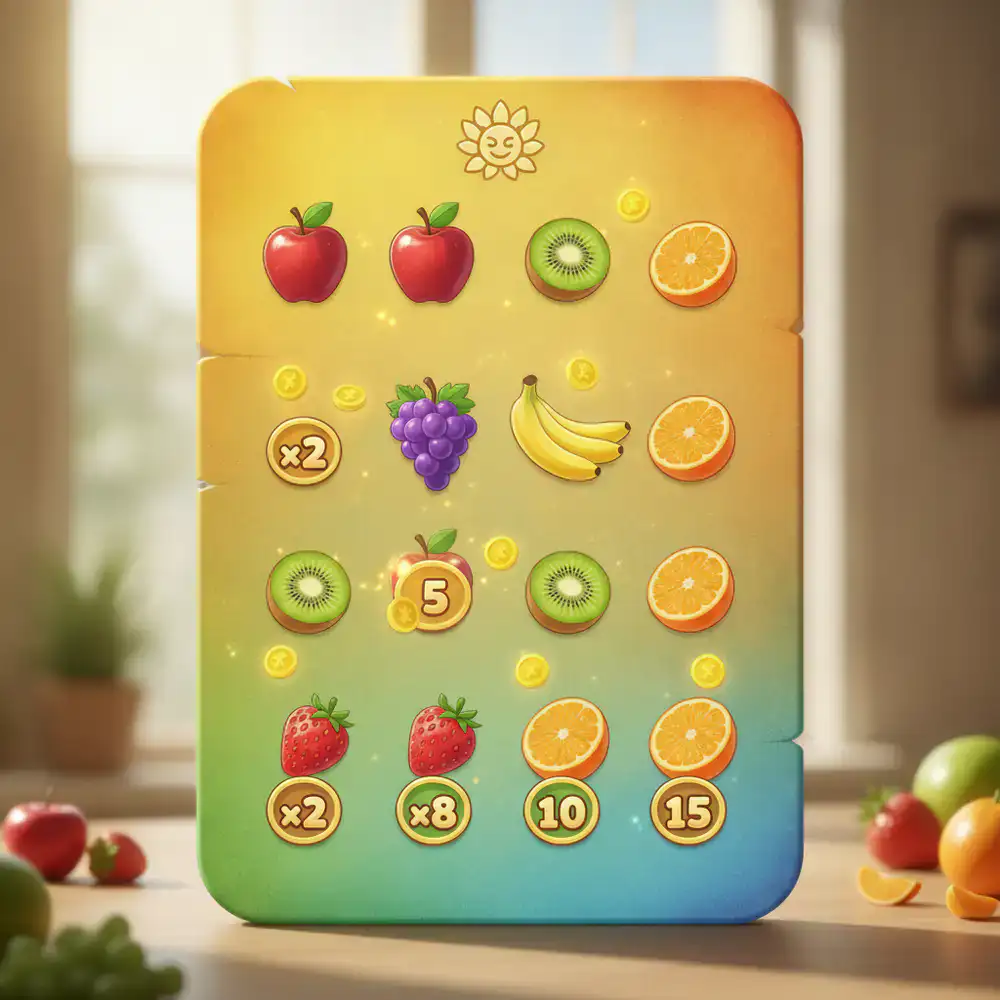 Tarjeta de nivel ilustrada mostrando diferentes tipos de frutas y multiplicadores de puntuación