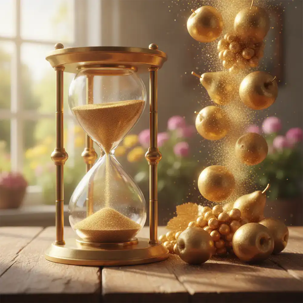 Ilustración de un reloj de arena junto a frutas doradas cayendo rápidamente